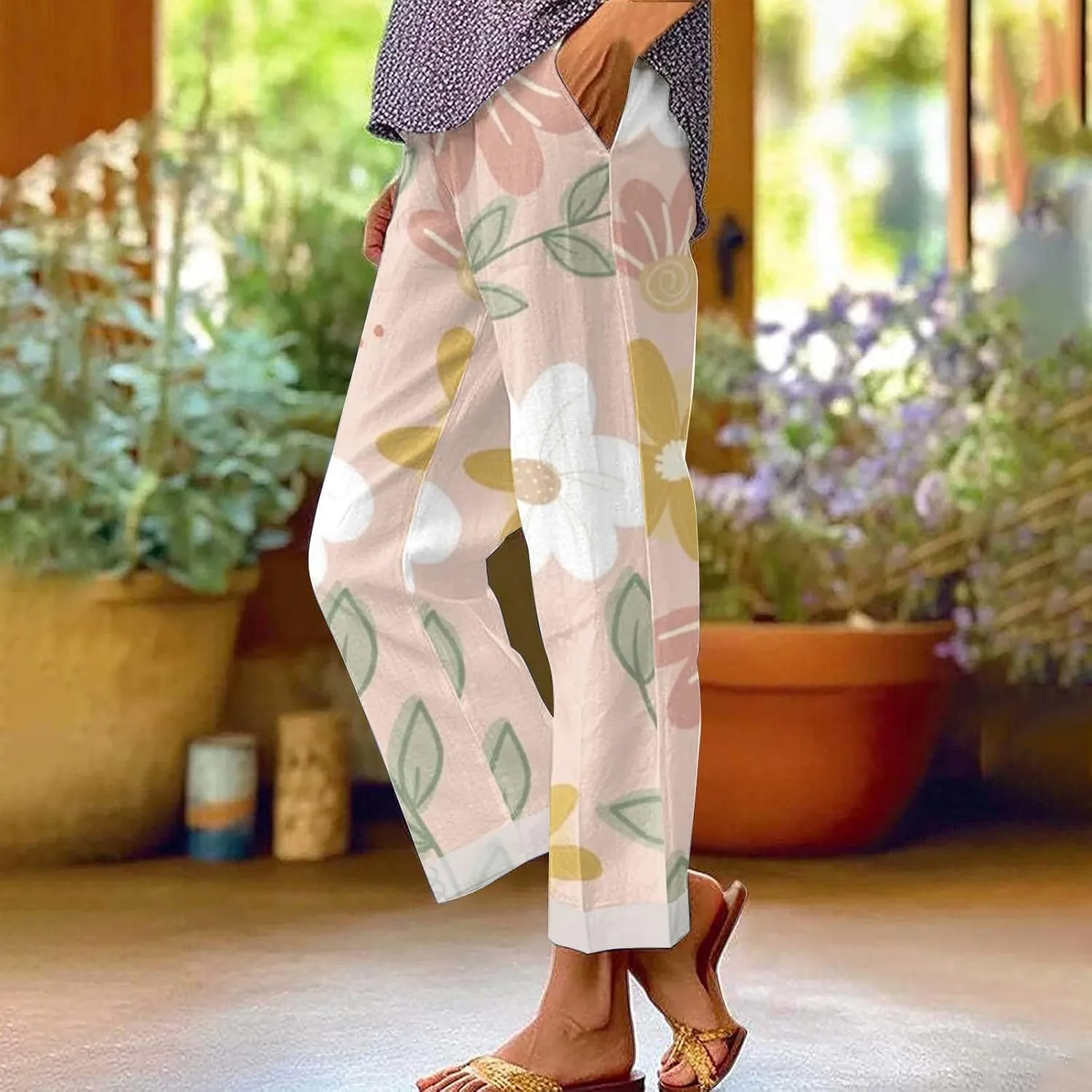 LCMTWX Women's Linen Pants Patchwork Cotton and Linen Casual Pants Casual Straight Leg Drawstring Elastic Woman Linen Pants