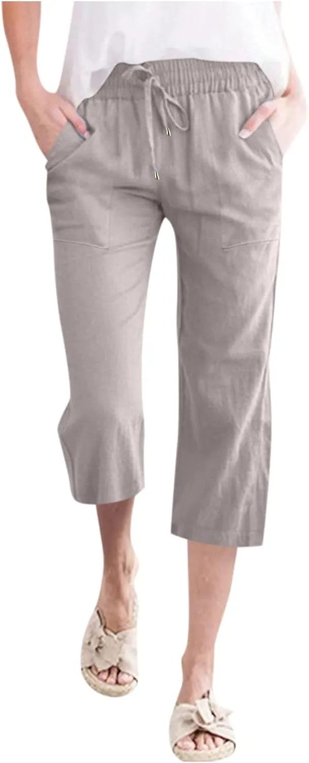Linen Drawstring Pants Women Palazzo Elastic Waist Vacation Lightweight Casual Linen Capris for Women Casual Summer