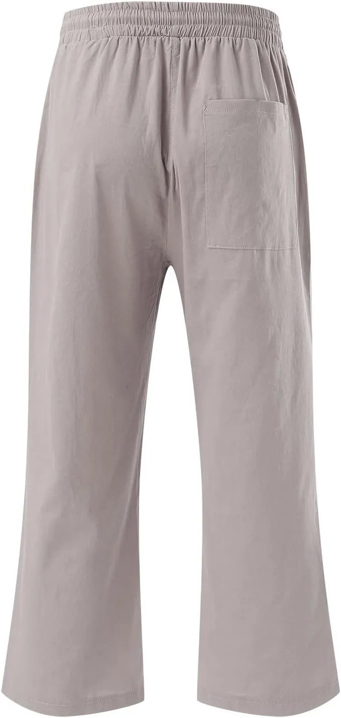 Linen Drawstring Pants Women Palazzo Elastic Waist Vacation Lightweight Casual Linen Capris for Women Casual Summer