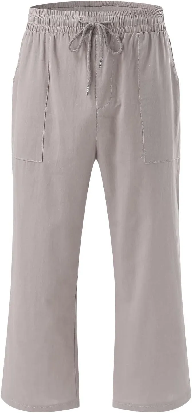 Linen Drawstring Pants Women Palazzo Elastic Waist Vacation Lightweight Casual Linen Capris for Women Casual Summer