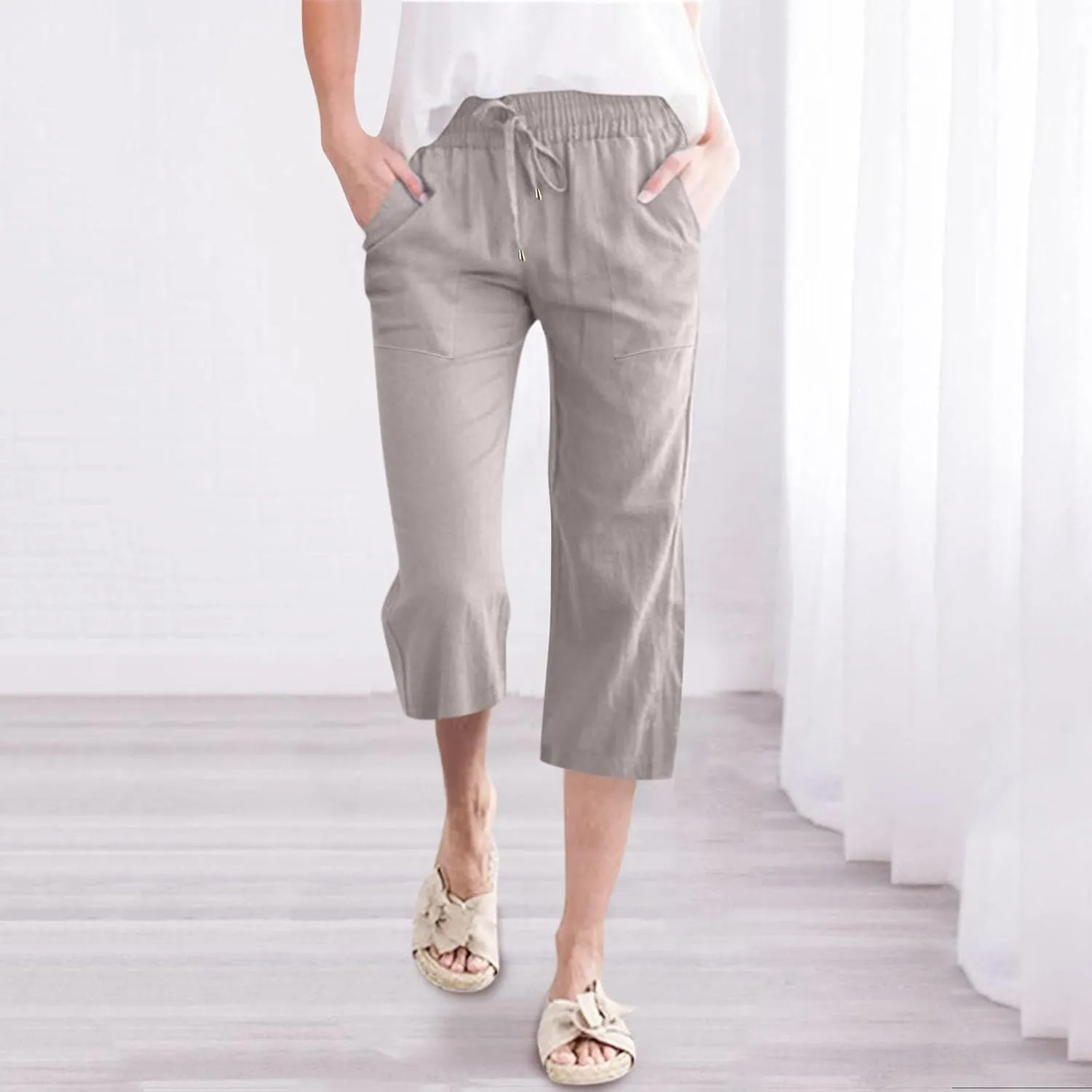 Linen Drawstring Pants Women Palazzo Elastic Waist Vacation Lightweight Casual Linen Capris for Women Casual Summer