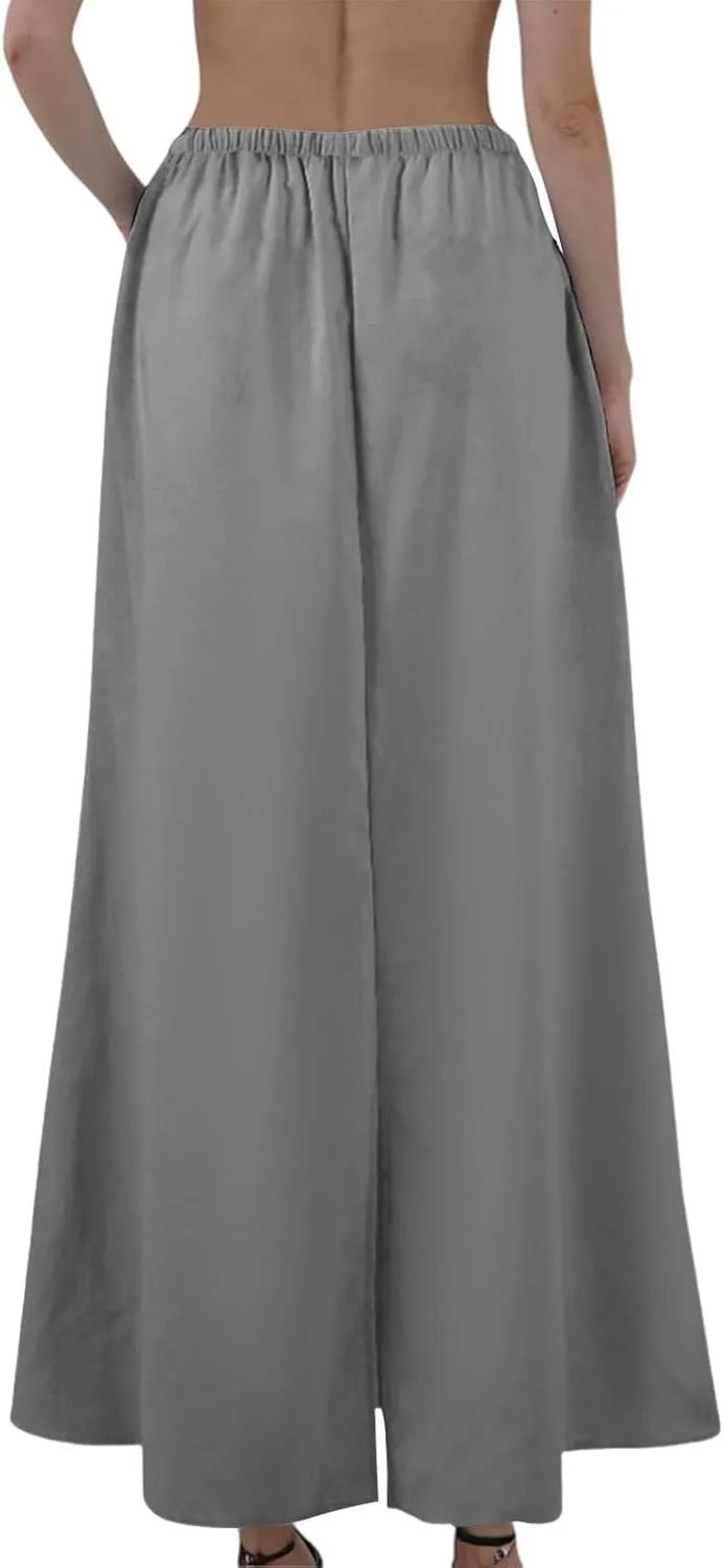 Linen Maxi Skirt for Women Summer Solid Flared Hem Skirt Drawstring Elastic Waisted Flowy Long Skirts with Back Slit