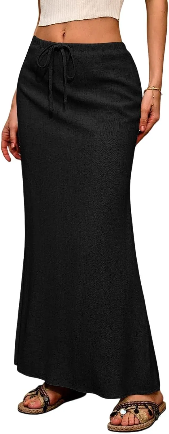 Linen Maxi Skirt for Women Summer Solid Flared Hem Skirt Drawstring Elastic Waisted Flowy Long Skirts with Back Slit