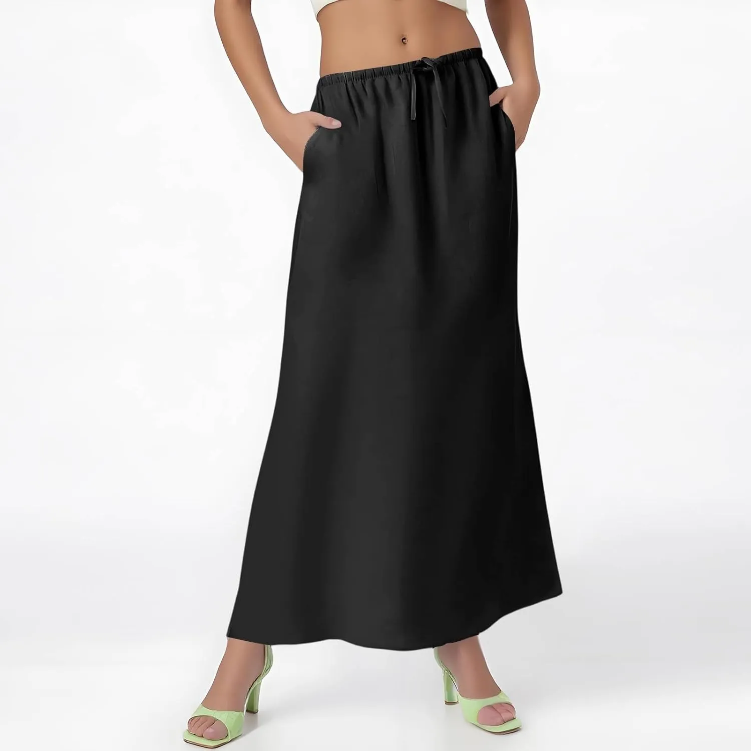 Linen Maxi Skirt for Women Summer Solid Flared Hem Skirt Drawstring Elastic Waisted Flowy Long Skirts with Back Slit