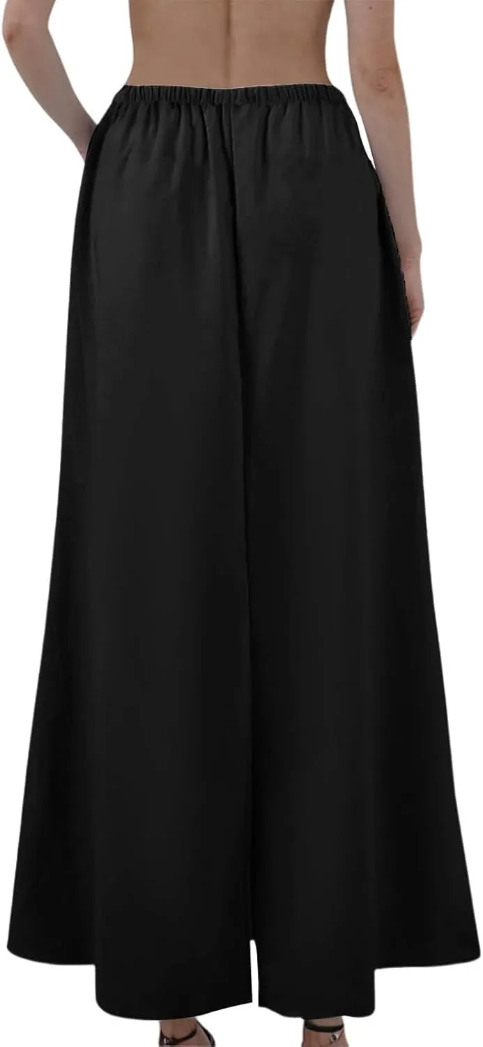 Linen Maxi Skirt for Women Summer Solid Flared Hem Skirt Drawstring Elastic Waisted Flowy Long Skirts with Back Slit