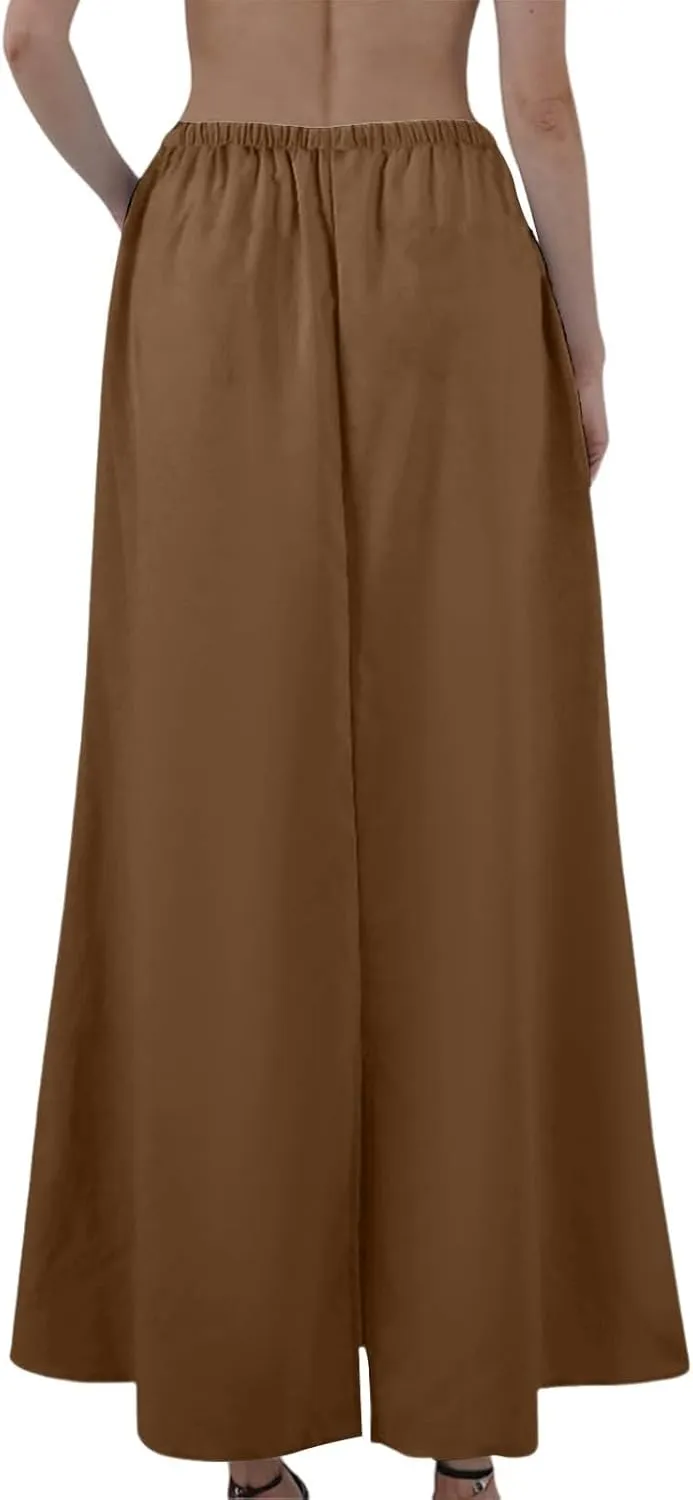 Linen Maxi Skirt for Women Summer Solid Flared Hem Skirt Drawstring Elastic Waisted Flowy Long Skirts with Back Slit