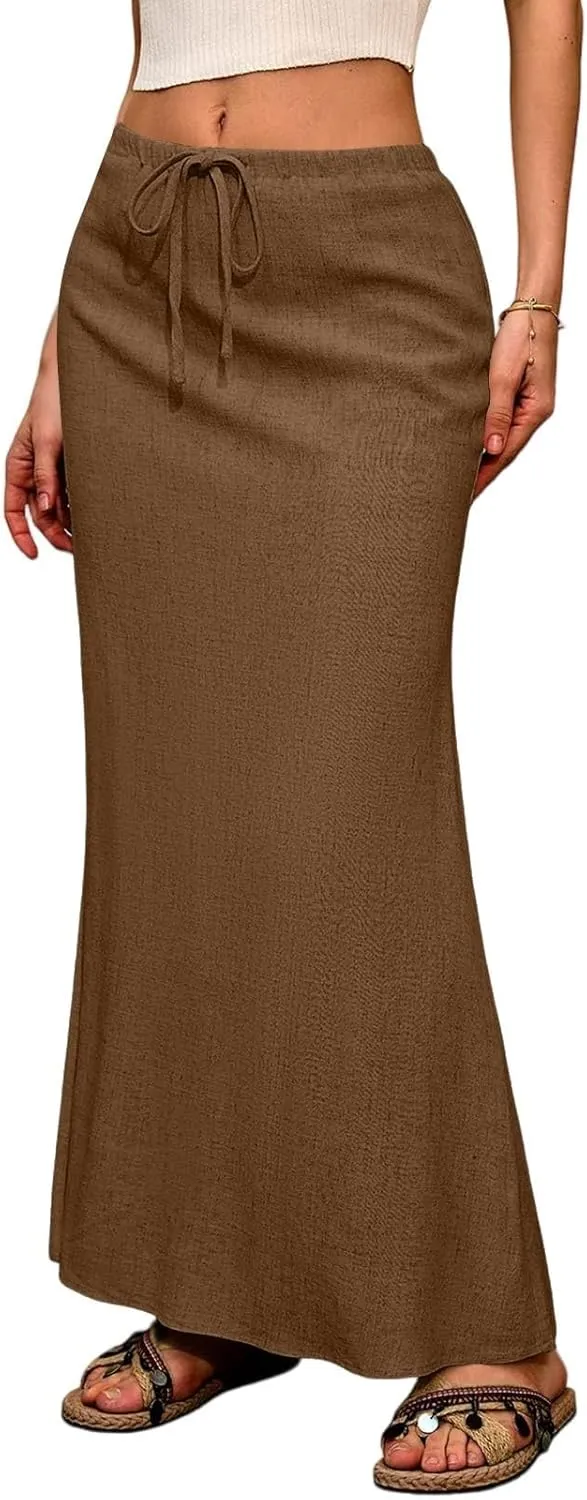 Linen Maxi Skirt for Women Summer Solid Flared Hem Skirt Drawstring Elastic Waisted Flowy Long Skirts with Back Slit