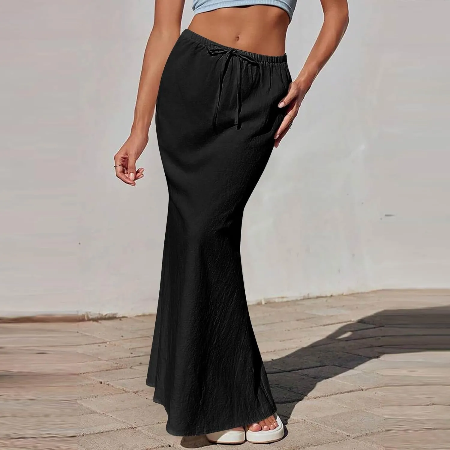 Linen Maxi Skirt for Women Summer Solid Flared Hem Skirt Drawstring Elastic Waisted Flowy Long Skirts with Back Slit