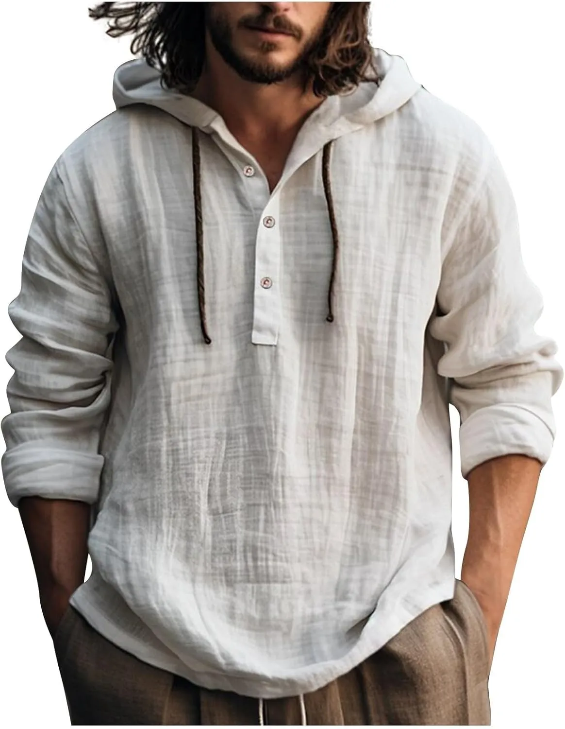 Linen Shirts for Men Lightweight Button Up Long Sleeve Shirts with Hood Loose Fit Breathable Boho Beach Linen Hoodie