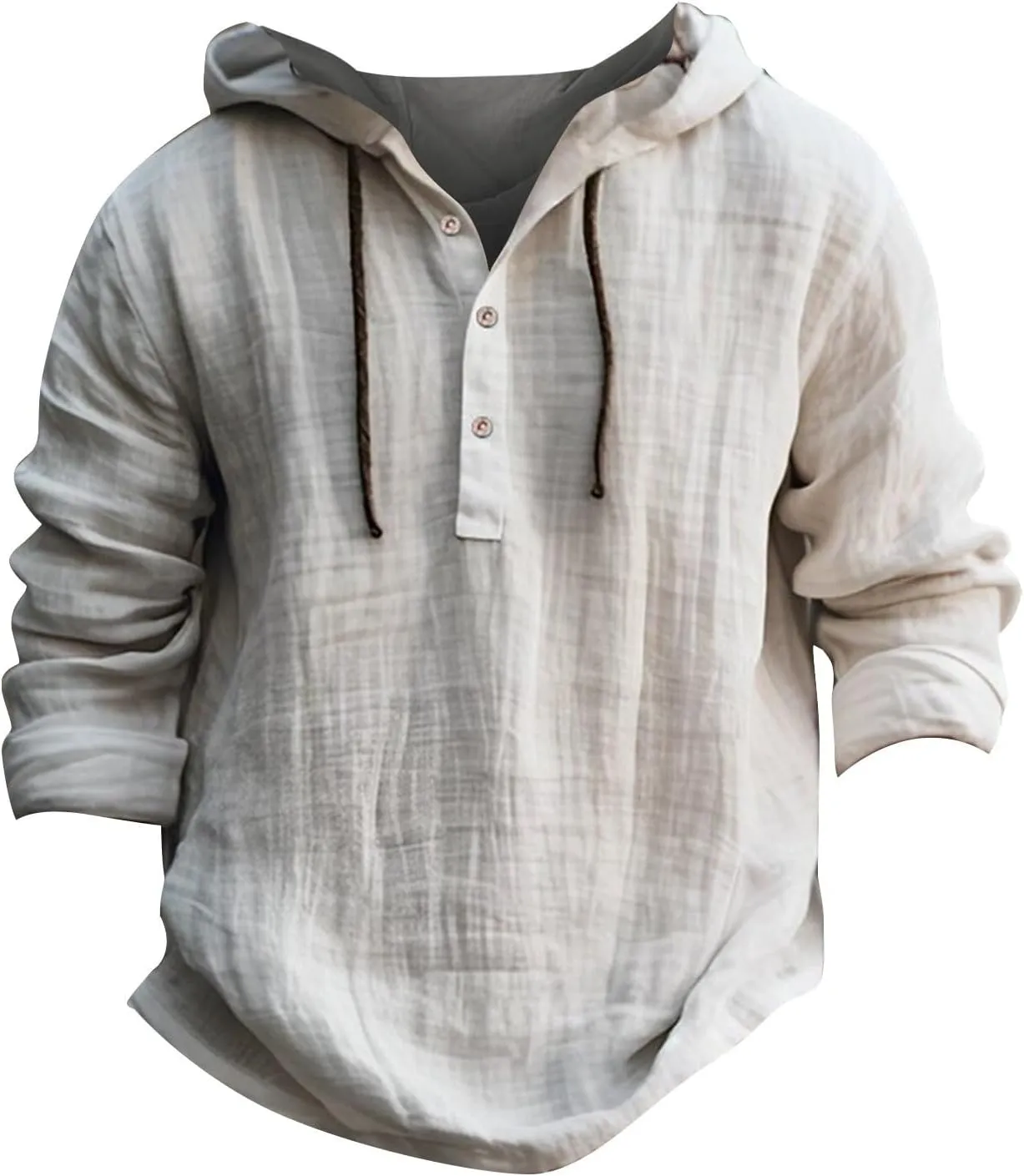 Linen Shirts for Men Lightweight Button Up Long Sleeve Shirts with Hood Loose Fit Breathable Boho Beach Linen Hoodie