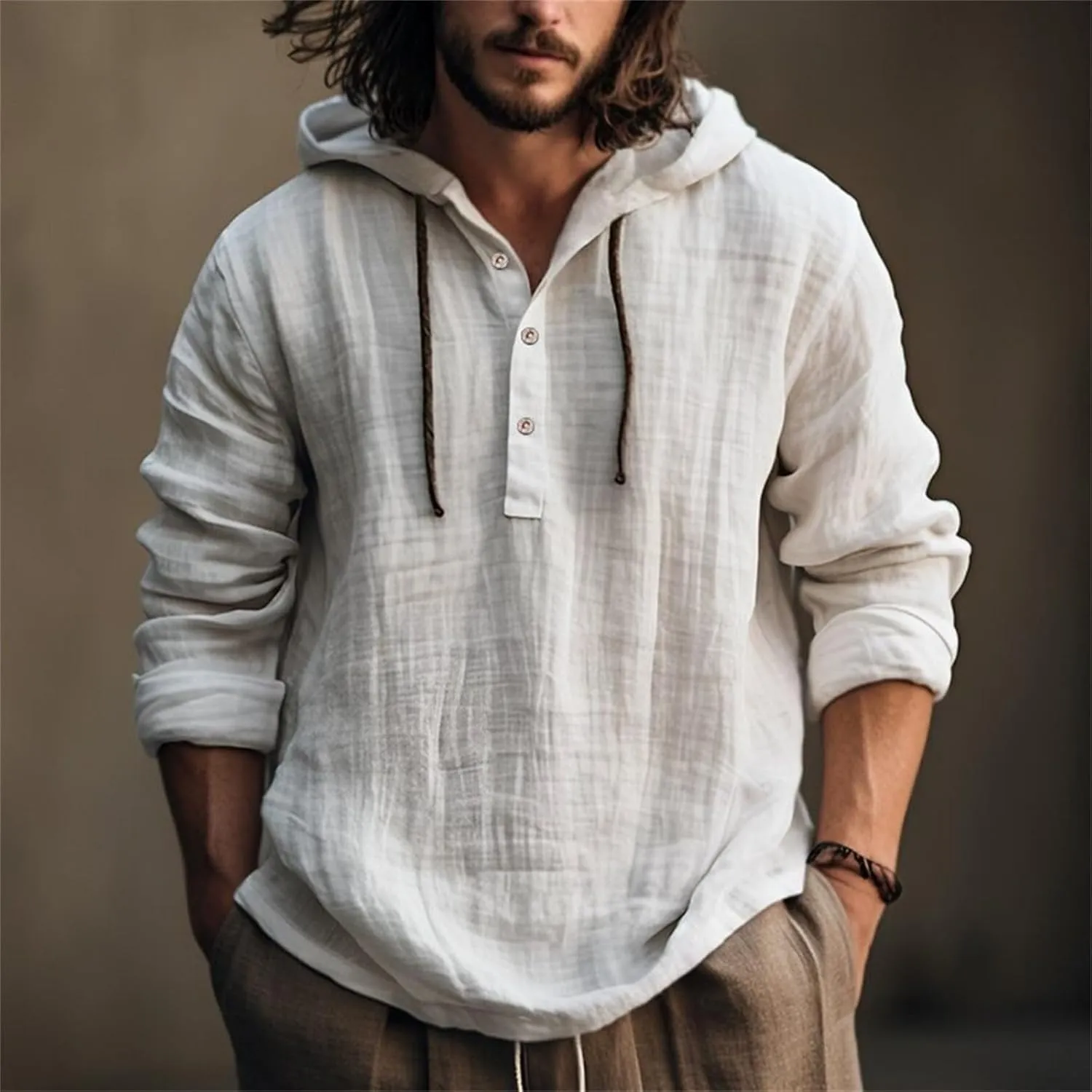 Linen Shirts for Men Lightweight Button Up Long Sleeve Shirts with Hood Loose Fit Breathable Boho Beach Linen Hoodie