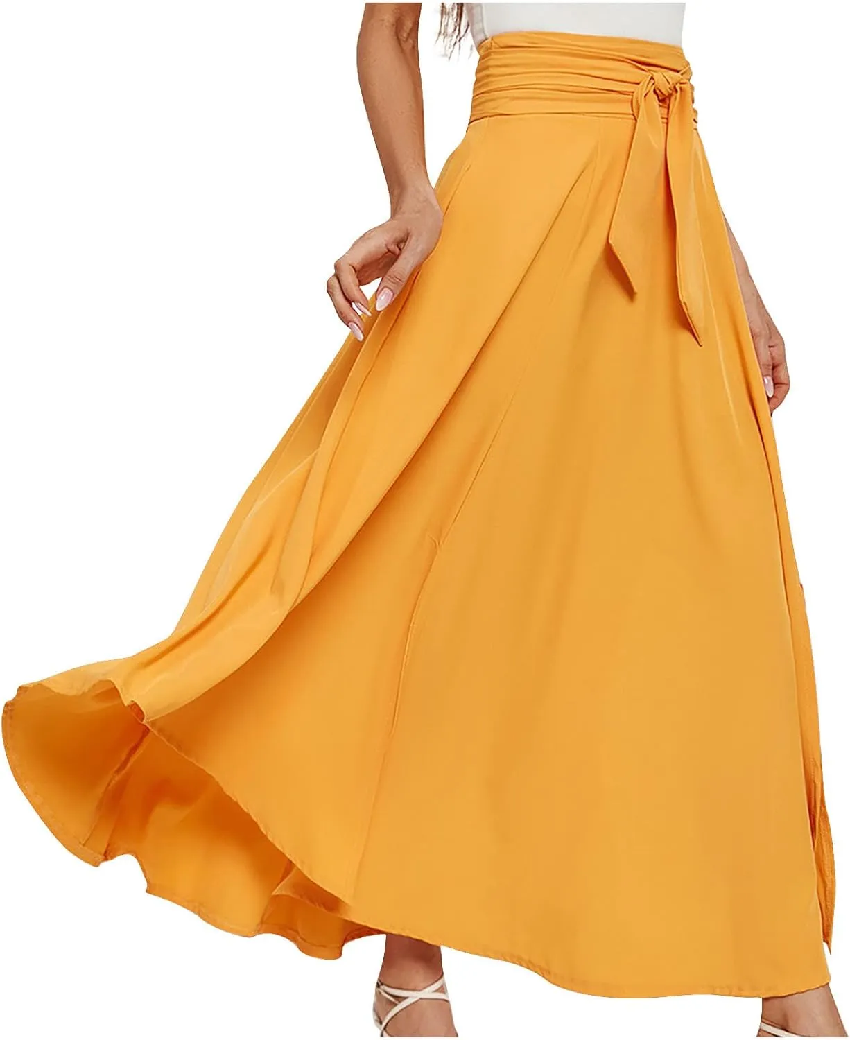 Lpmadey Women's Casual Ruched Stretchy High Waist A-Line Skirt Pleated Flared Maxi Skirt Full/Ankle Length Boho Beach Skirts