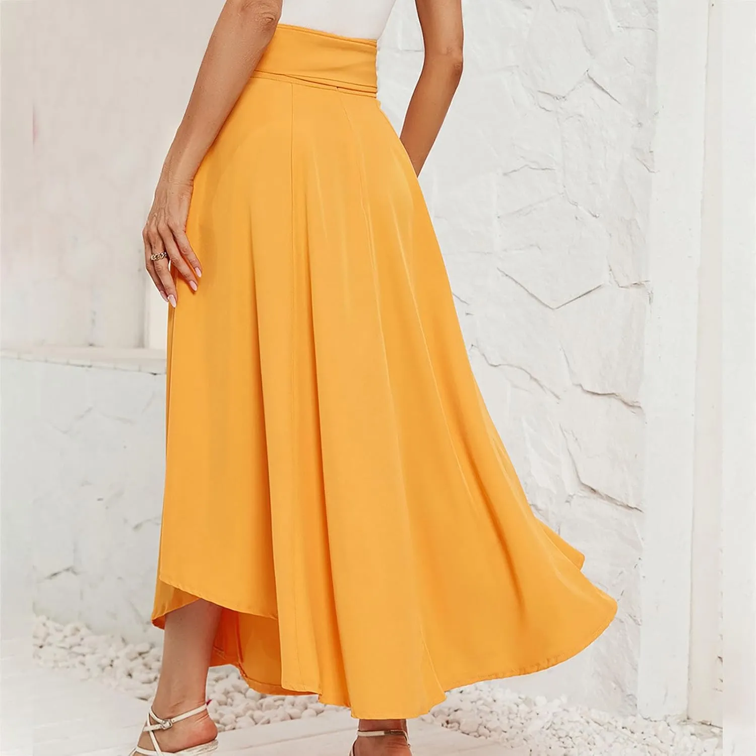 Lpmadey Women's Casual Ruched Stretchy High Waist A-Line Skirt Pleated Flared Maxi Skirt Full/Ankle Length Boho Beach Skirts