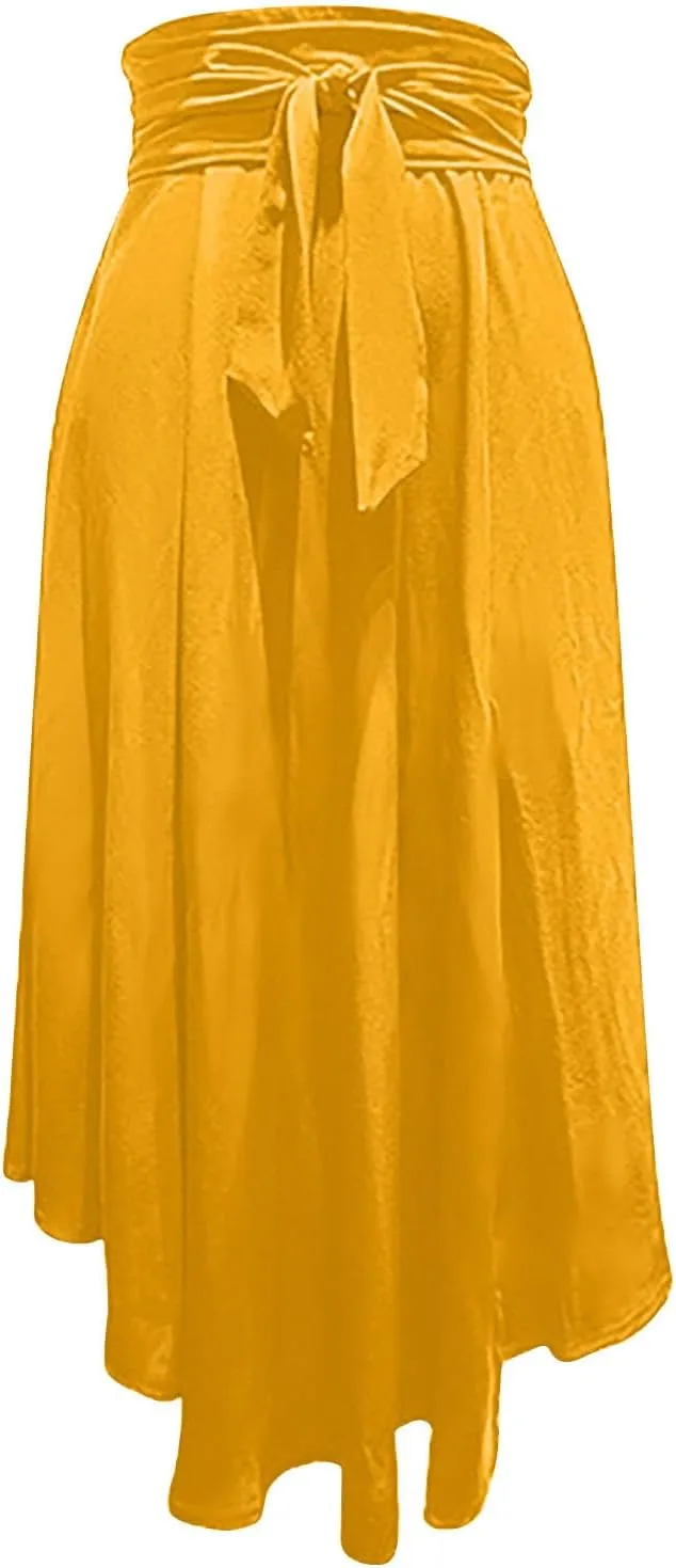 Lpmadey Women's Casual Ruched Stretchy High Waist A-Line Skirt Pleated Flared Maxi Skirt Full/Ankle Length Boho Beach Skirts