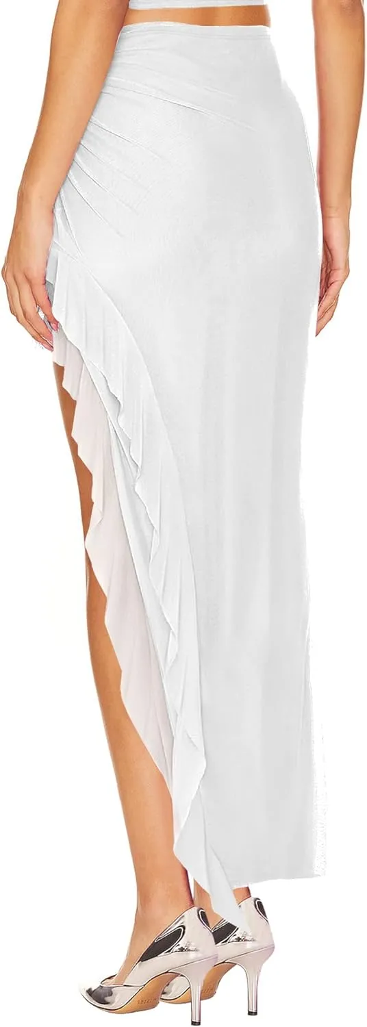 Lrady Women's Mesh Ruched Flowy Beach Skirt Stretchy High Waisted High Low Asymmetrical Ruffle Long Skirts
