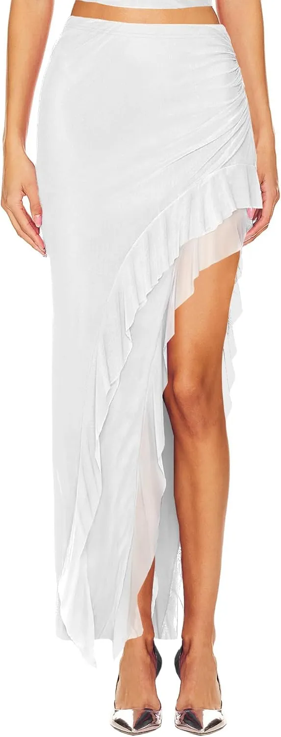 Lrady Women's Mesh Ruched Flowy Beach Skirt Stretchy High Waisted High Low Asymmetrical Ruffle Long Skirts