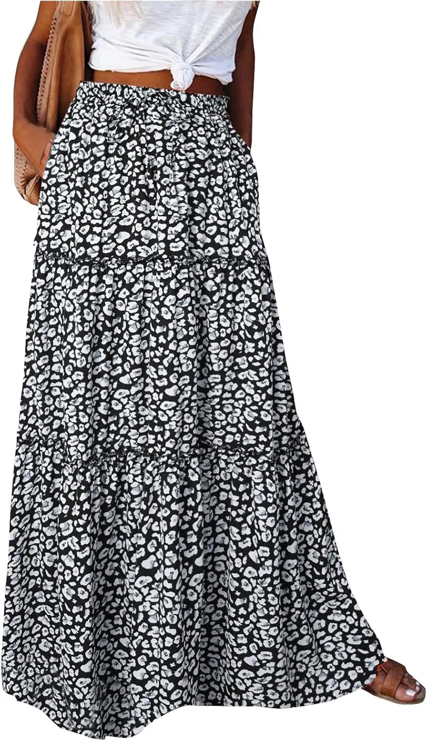 Maxi Skirts for Women Vintage Flower Elastic High Waist Long Skirt Pleated Tiered A-Line Swing Skirts