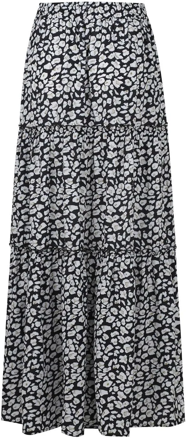 Maxi Skirts for Women Vintage Flower Elastic High Waist Long Skirt Pleated Tiered A-Line Swing Skirts
