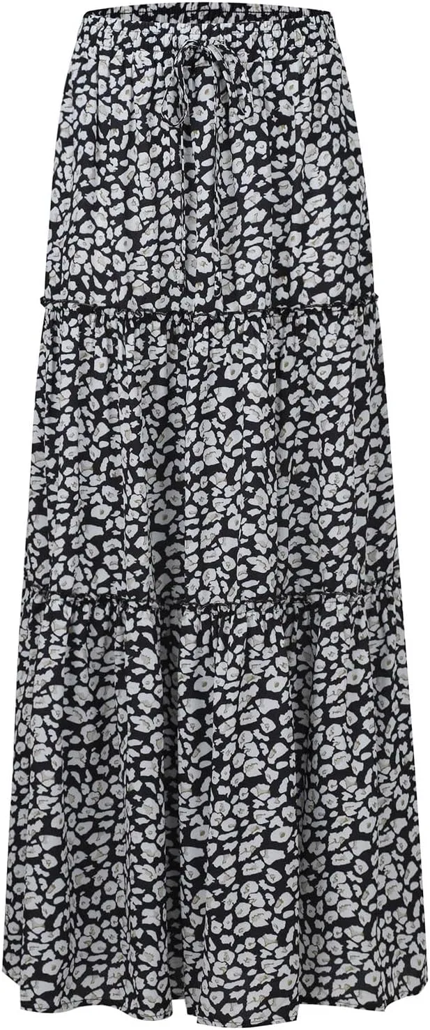 Maxi Skirts for Women Vintage Flower Elastic High Waist Long Skirt Pleated Tiered A-Line Swing Skirts
