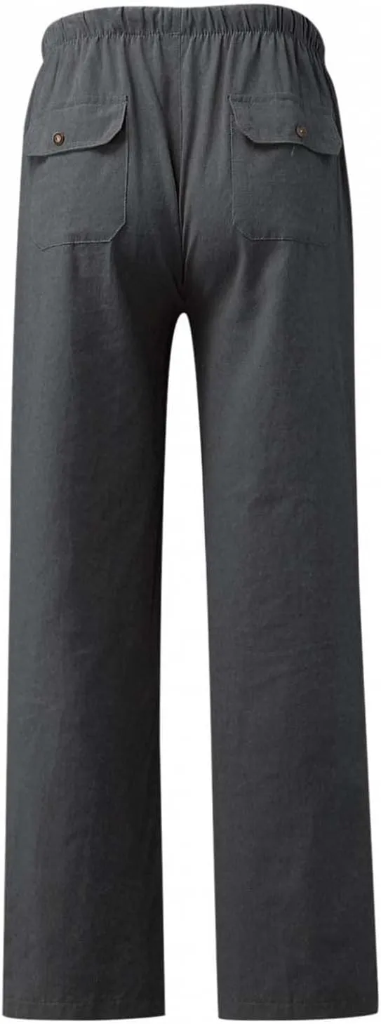 Mens Casual Linen Pants Elastic Waist Drawstring Lightweight Trouser Casual 2025 Straight Leg with Pockets Trousers