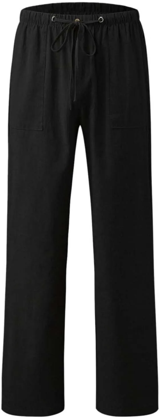 Mens Casual Linen Pants Elastic Waist Drawstring Lightweight Trouser Casual 2025 Straight Leg with Pockets Trousers