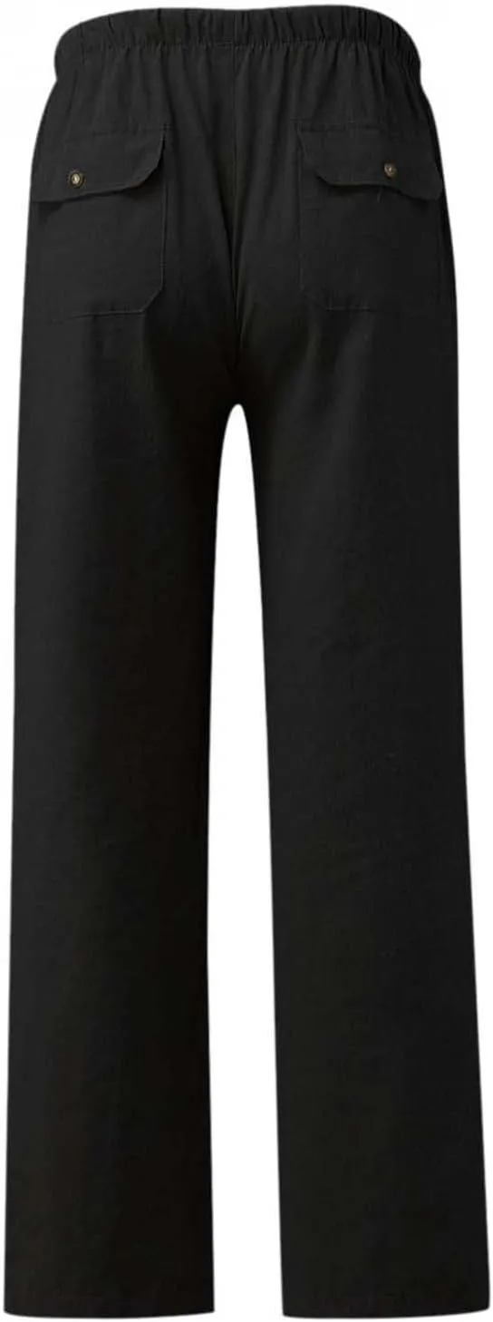 Mens Casual Linen Pants Elastic Waist Drawstring Lightweight Trouser Casual 2025 Straight Leg with Pockets Trousers