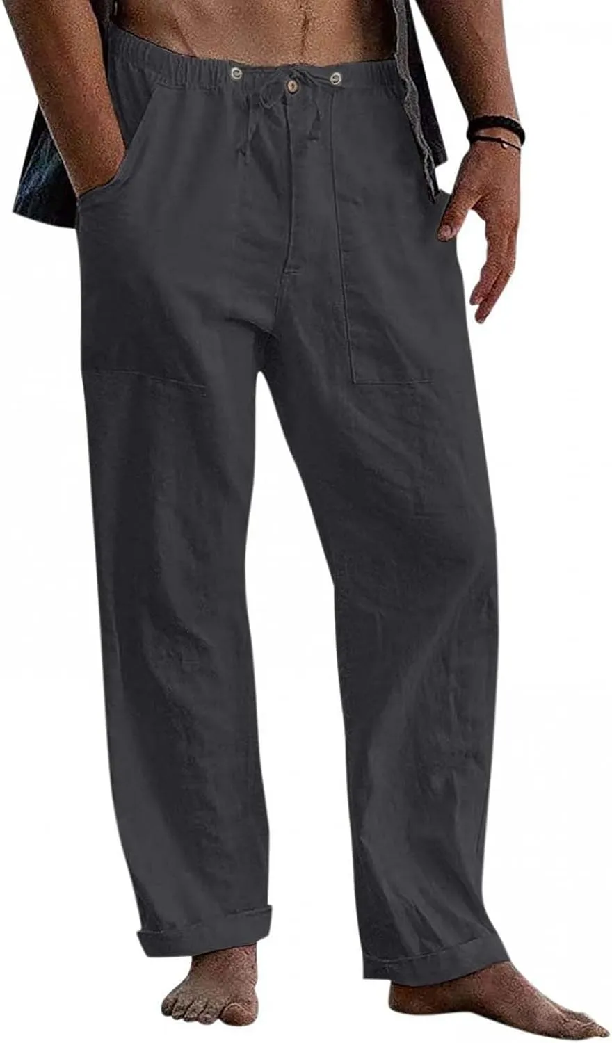 Mens Casual Linen Pants Elastic Waist Drawstring Lightweight Trouser Casual 2025 Straight Leg with Pockets Trousers
