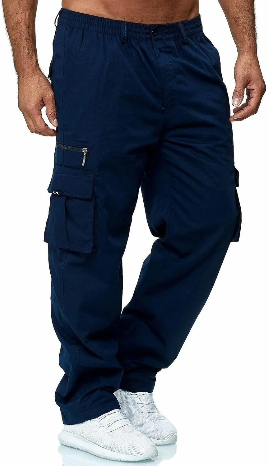 Men's Cotton Blend Cargo Pants Hiking Joggers with Multi Pockets Relaxed Fit Outdoor Trousers Sweatpants for Men