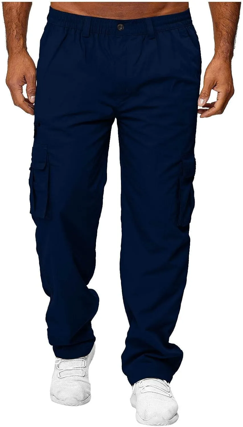 Men's Cotton Blend Cargo Pants Hiking Joggers with Multi Pockets Relaxed Fit Outdoor Trousers Sweatpants for Men