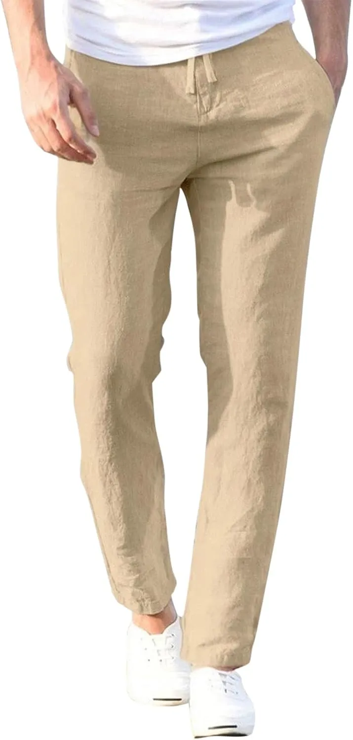 Men's Drawstring Linen Pant Elastic Waist Relaxed fit Casual Beach Trousers Mens Chinos Pants Khaki with Pockets