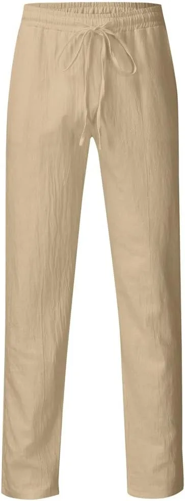 Men's Drawstring Linen Pant Elastic Waist Relaxed fit Casual Beach Trousers Mens Chinos Pants Khaki with Pockets