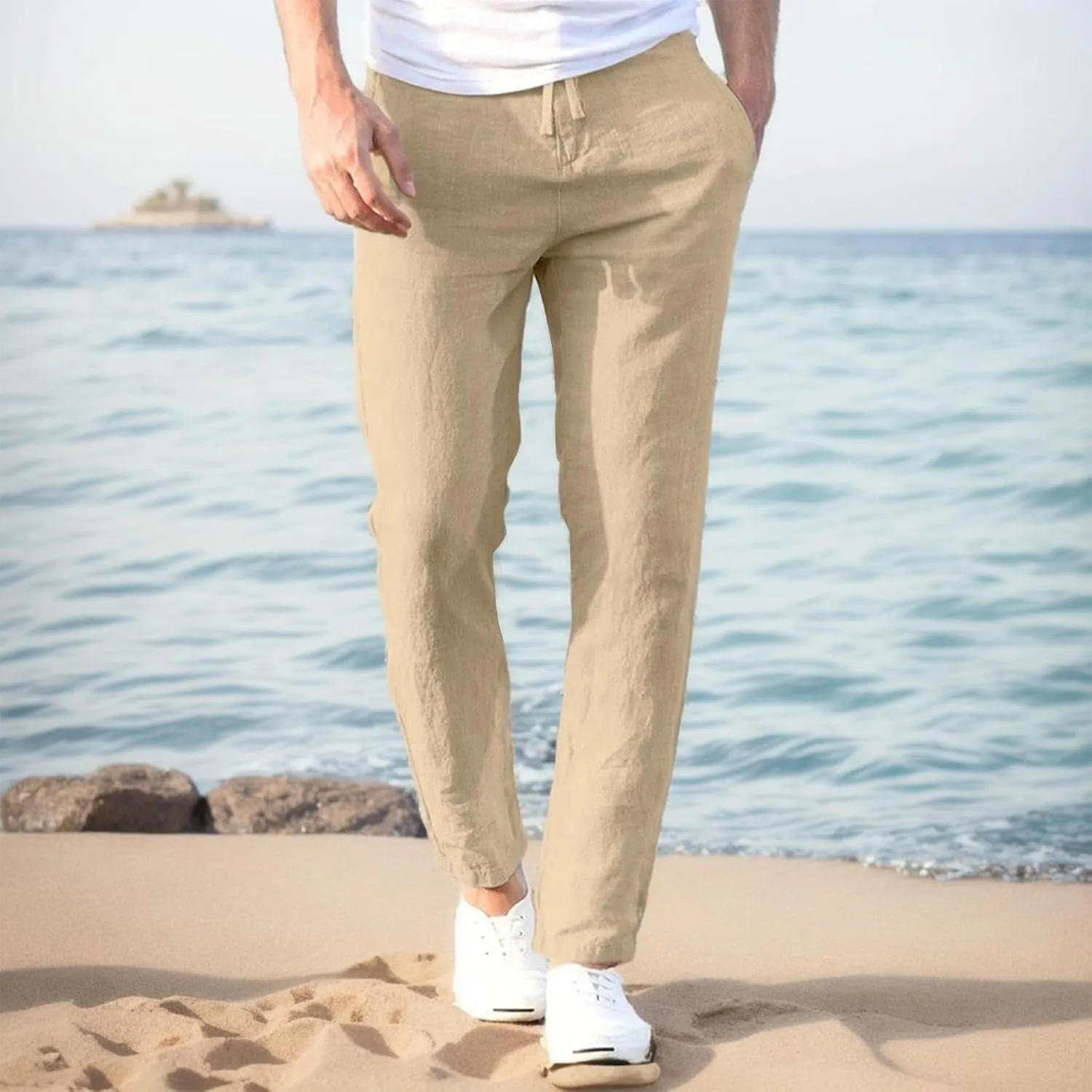Men's Drawstring Linen Pant Elastic Waist Relaxed fit Casual Beach Trousers Mens Chinos Pants Khaki with Pockets