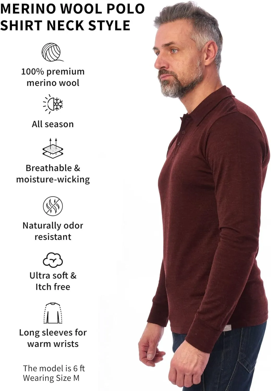 Merino.tech Merino Wool Polo Shirts for Men - 100% Merino Wool Base Layer Mens Breathable Anti-Odor Thermal Long Sleeve Shirt