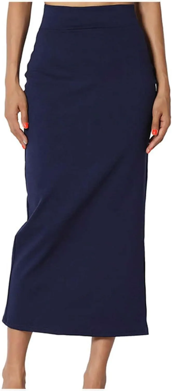 Midi Pencil Basic Skirt for Women Side Slit High Waist Stretchy Casual Bodycon Length Skirts Ponte Calf Long Skirt