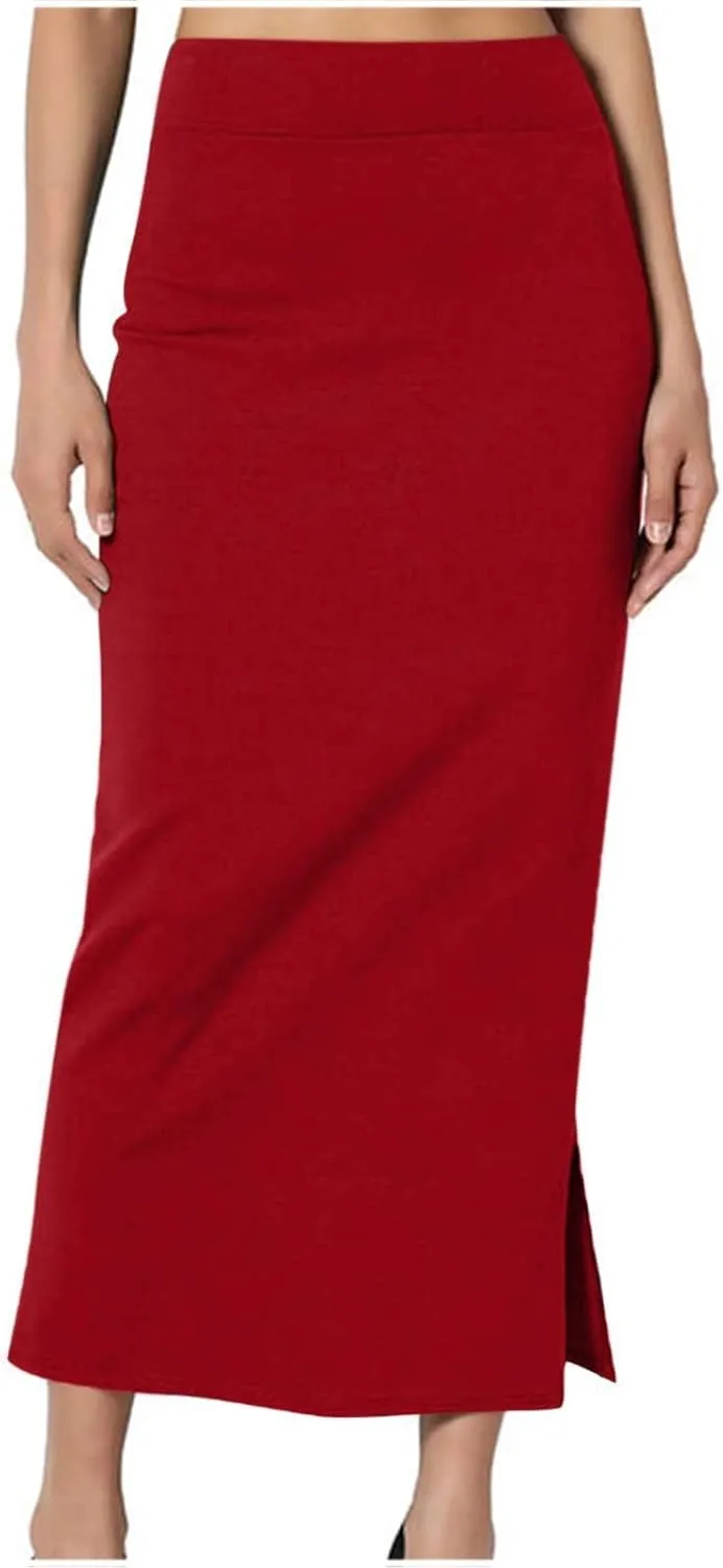 Midi Pencil Basic Skirt for Women Side Slit High Waist Stretchy Casual Bodycon Length Skirts Ponte Calf Long Skirt
