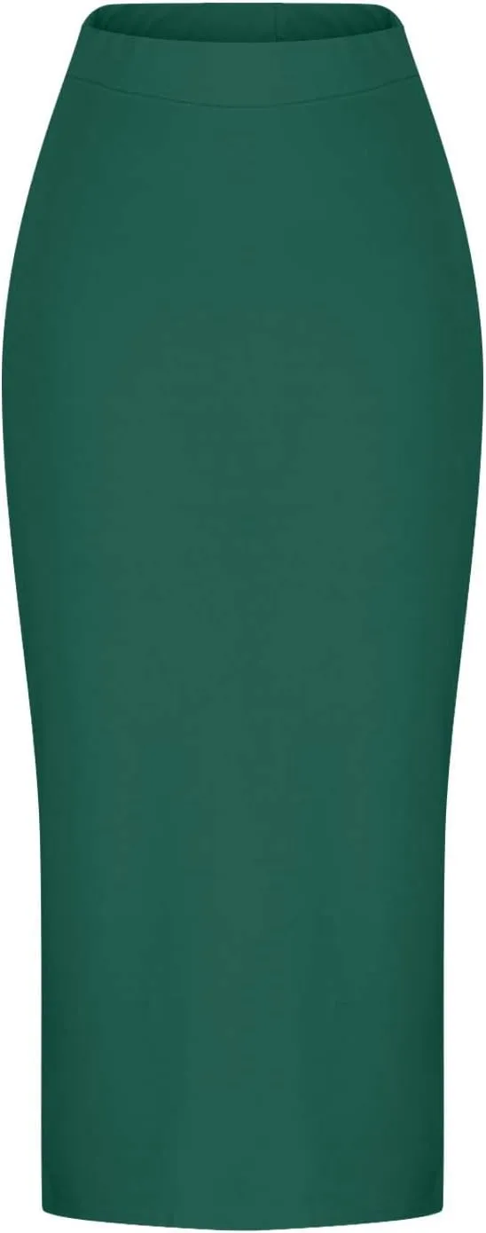 Midi Pencil Basic Skirt for Women Side Slit High Waist Stretchy Casual Bodycon Length Skirts Ponte Calf Long Skirt