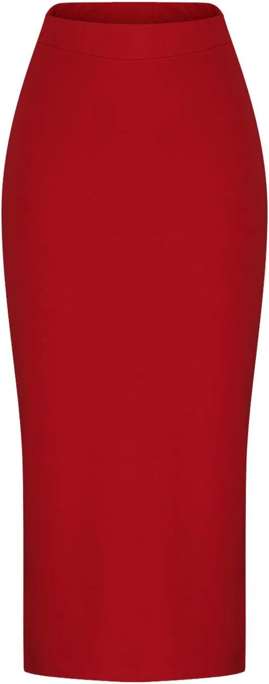 Midi Pencil Basic Skirt for Women Side Slit High Waist Stretchy Casual Bodycon Length Skirts Ponte Calf Long Skirt