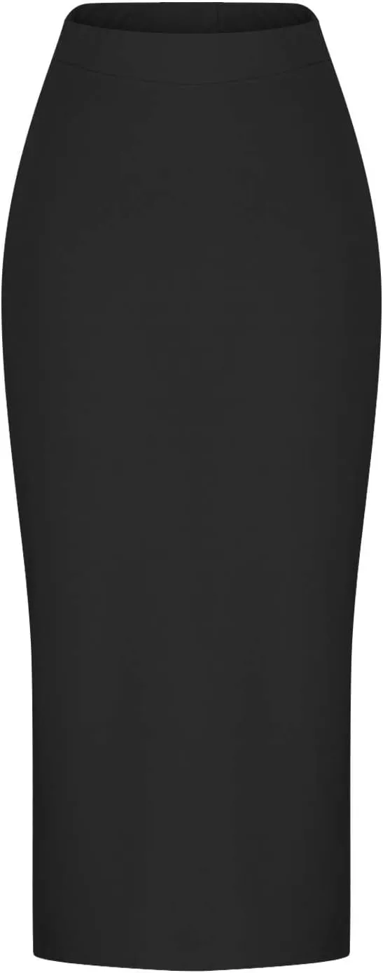 Midi Pencil Basic Skirt for Women Side Slit High Waist Stretchy Casual Bodycon Length Skirts Ponte Calf Long Skirt