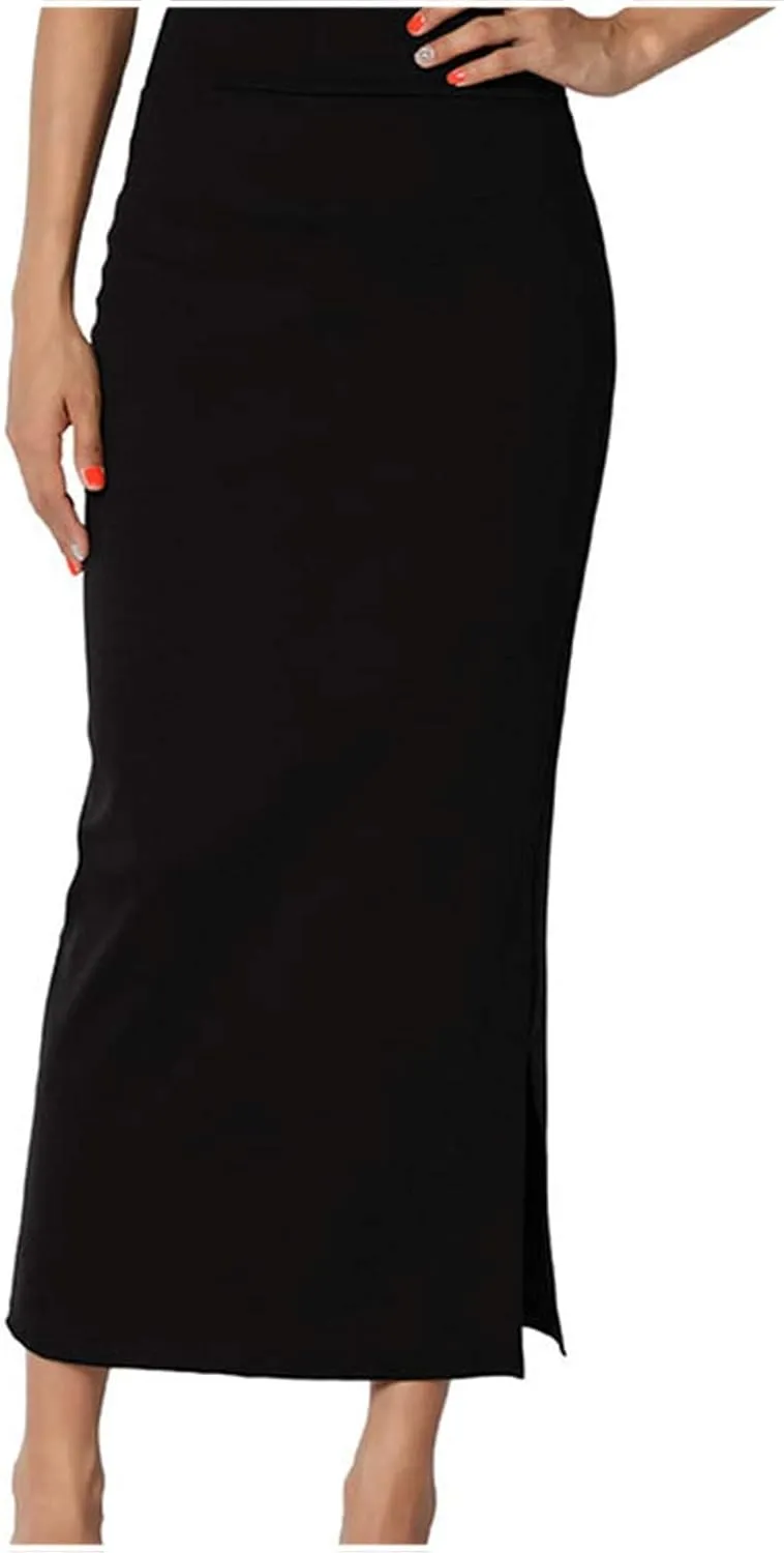 Midi Pencil Basic Skirt for Women Side Slit High Waist Stretchy Casual Bodycon Length Skirts Ponte Calf Long Skirt