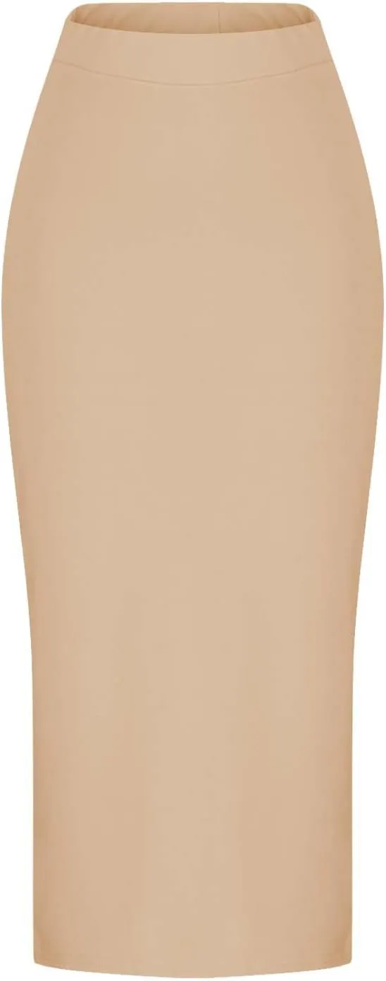 Midi Pencil Basic Skirt for Women Side Slit High Waist Stretchy Casual Bodycon Length Skirts Ponte Calf Long Skirt