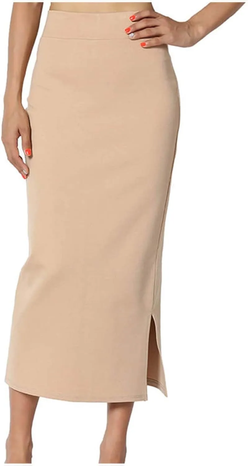 Midi Pencil Basic Skirt for Women Side Slit High Waist Stretchy Casual Bodycon Length Skirts Ponte Calf Long Skirt