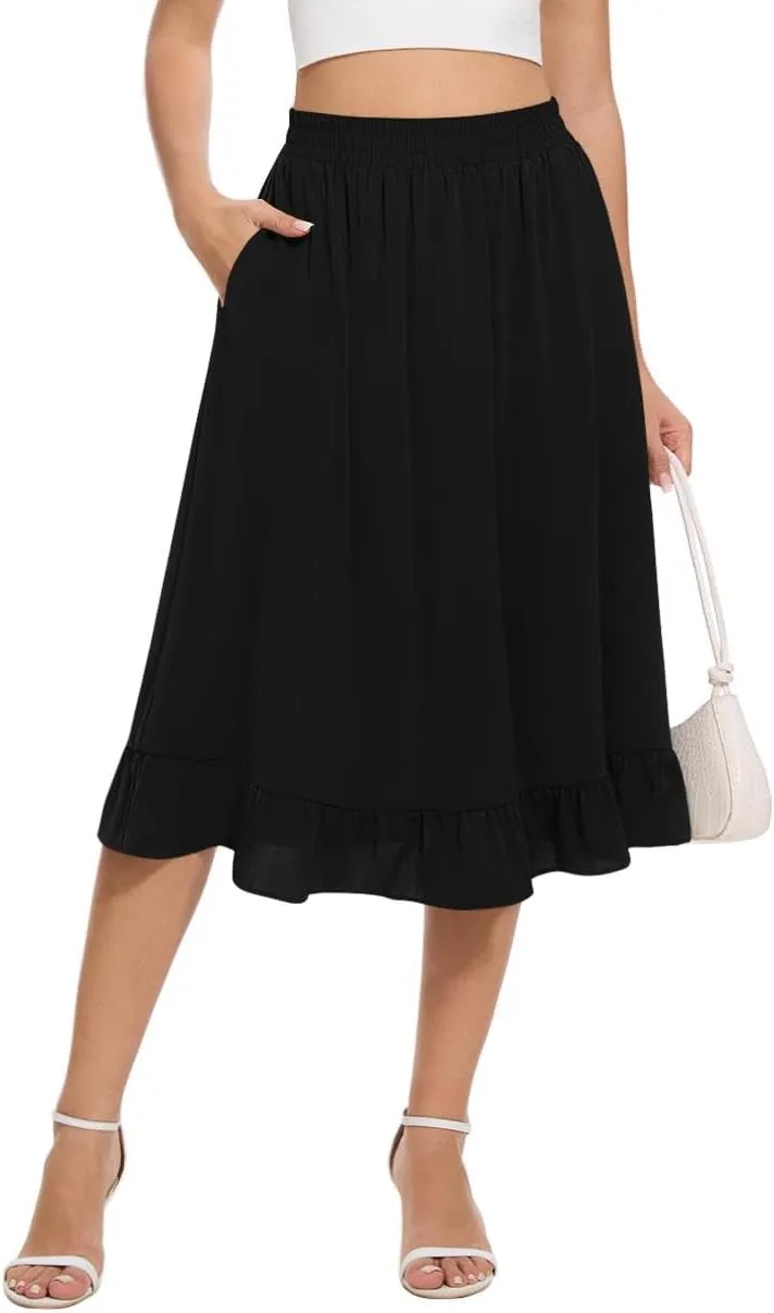 Midi Skirts for Women Trendy Elastic High Waist Flowy Swing A Line Casual Tiered Ruffle Skirt with Pockets