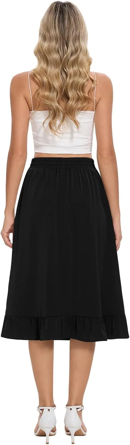Midi Skirts for Women Trendy Elastic High Waist Flowy Swing A Line Casual Tiered Ruffle Skirt with Pockets