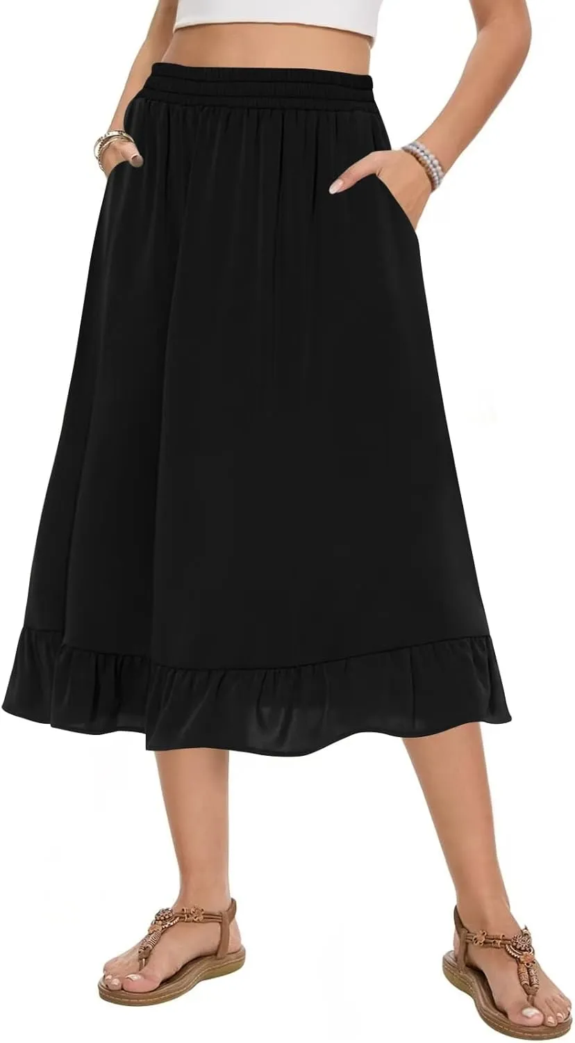 Midi Skirts for Women Trendy Elastic High Waist Flowy Swing A Line Casual Tiered Ruffle Skirt with Pockets