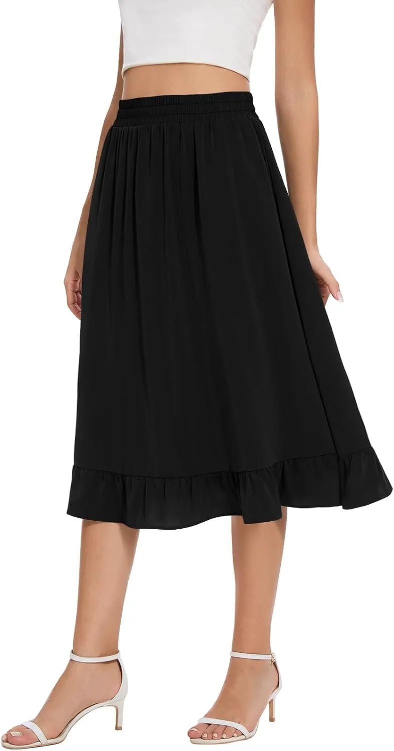Midi Skirts for Women Trendy Elastic High Waist Flowy Swing A Line Casual Tiered Ruffle Skirt with Pockets