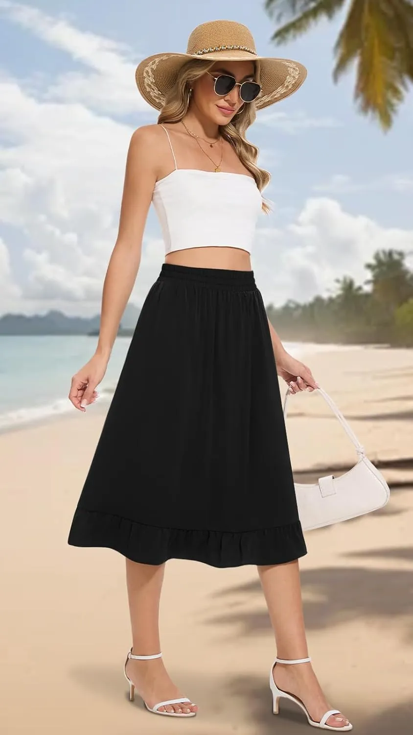 Midi Skirts for Women Trendy Elastic High Waist Flowy Swing A Line Casual Tiered Ruffle Skirt with Pockets