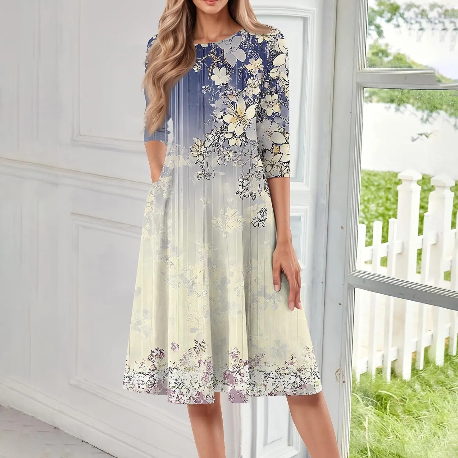 Modest Dresses for Women Floral Dress 3/4 Sleeve Round Neck Graphic Pleated Elegant A Line Midi Sundress, S-3Xl