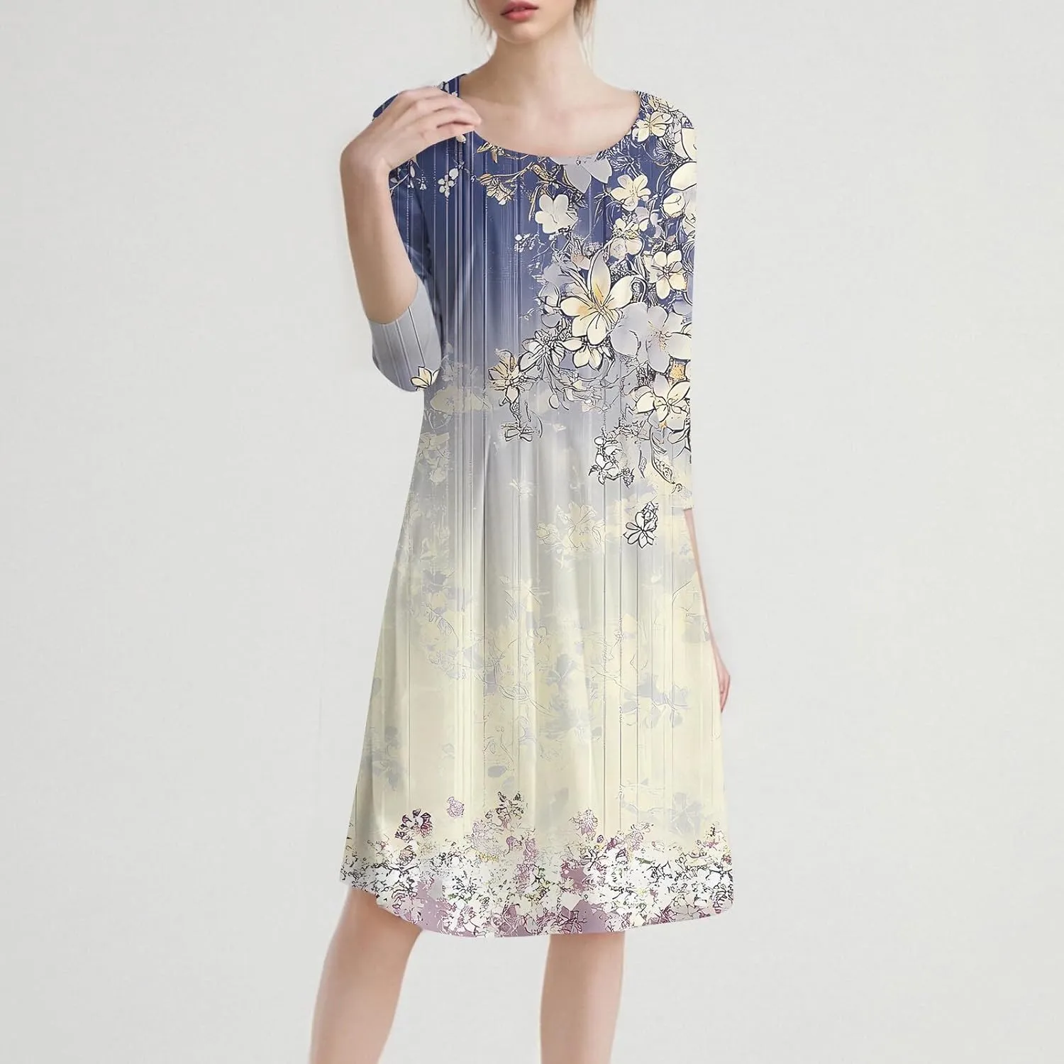 Modest Dresses for Women Floral Dress 3/4 Sleeve Round Neck Graphic Pleated Elegant A Line Midi Sundress, S-3Xl