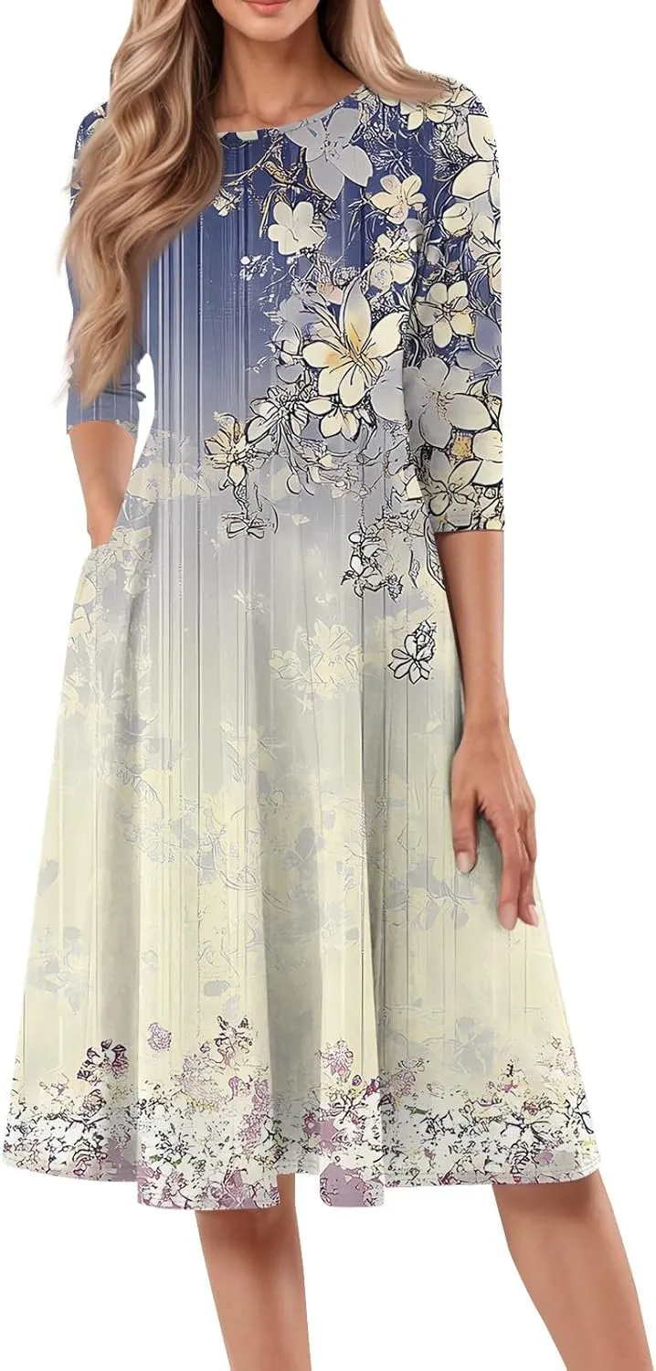 Modest Dresses for Women Floral Dress 3/4 Sleeve Round Neck Graphic Pleated Elegant A Line Midi Sundress, S-3Xl