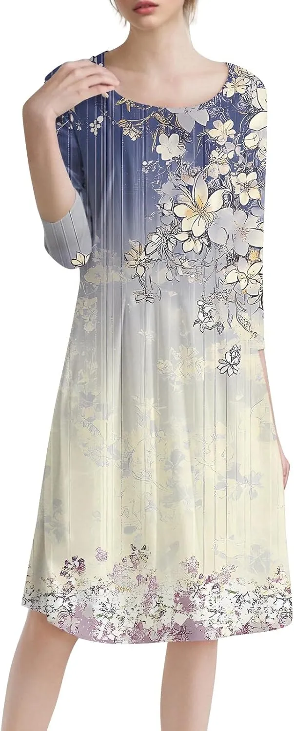 Modest Dresses for Women Floral Dress 3/4 Sleeve Round Neck Graphic Pleated Elegant A Line Midi Sundress, S-3Xl